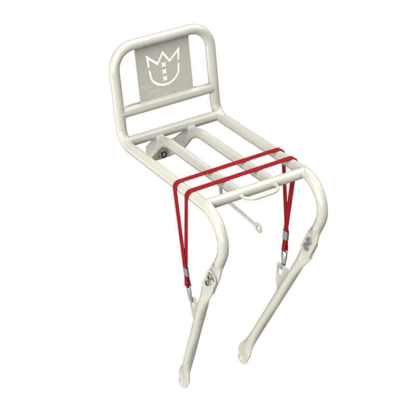 Dutch front Lekker Bikes rack in white with bungees